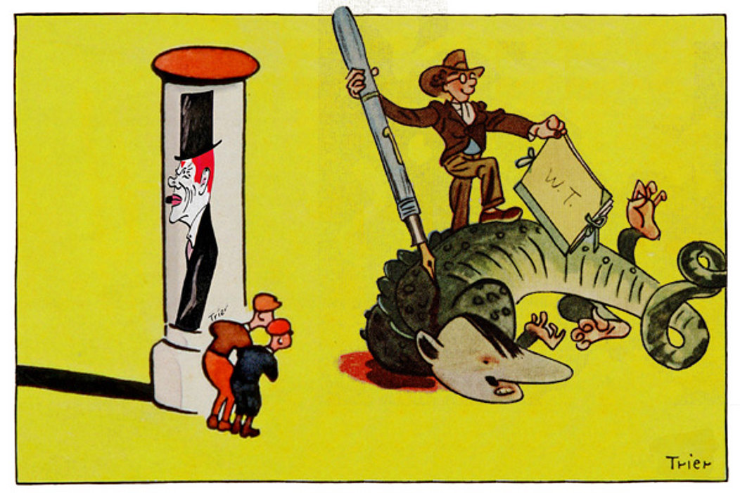 Litfassäule mit Porträit von Karl Valentin und Emil und die Detektive, die um die Litfassäule schauen und einen Drachentöter mit Drachen und der Feder als Waffe beobachten