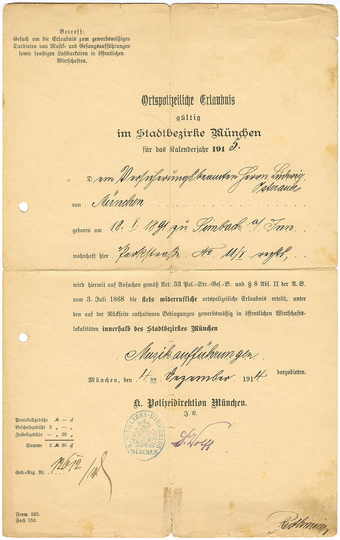 Ortspolizeiliche Erlaubnis, 4. Dezember 1914