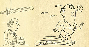 Weiß Ferdl: Zeichnung aus dem Buch O-mei zu Weiß Ferdls Spruchkammerverfahren, 1949