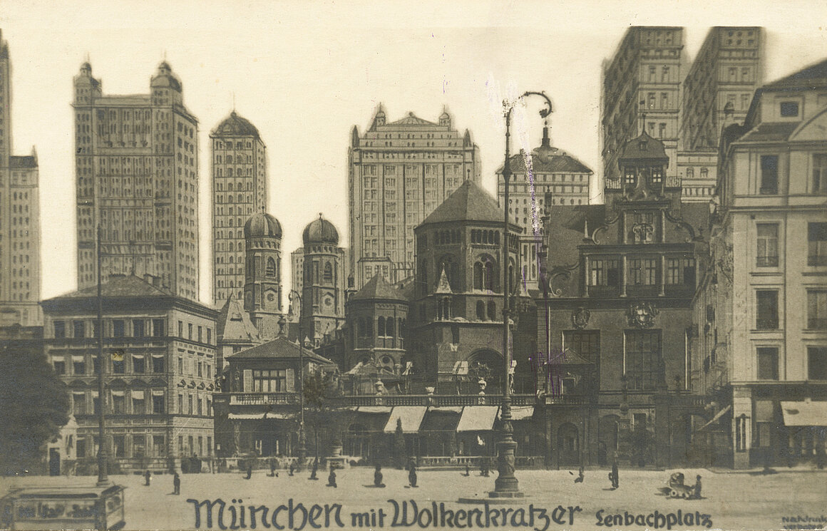 Karl Valentin, München, Lenbachplatz mit Wolkenkratzer, um 1921