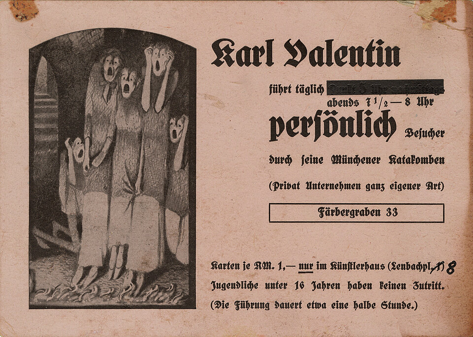Karl Valentin, Karl Valentin, Werbekarte für das Panoptikum in der Ritterspelunke, Färbergraben 33, nach 1937