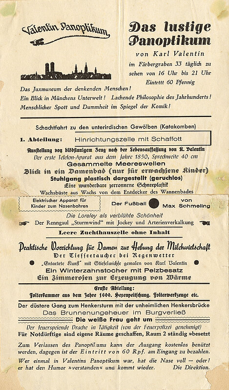 Karl Valentin, Karl Valentin, Karl Valentin, Werbeblatt für das Panoptikum im Färbergraben 33, Ritterspelunke, 1937