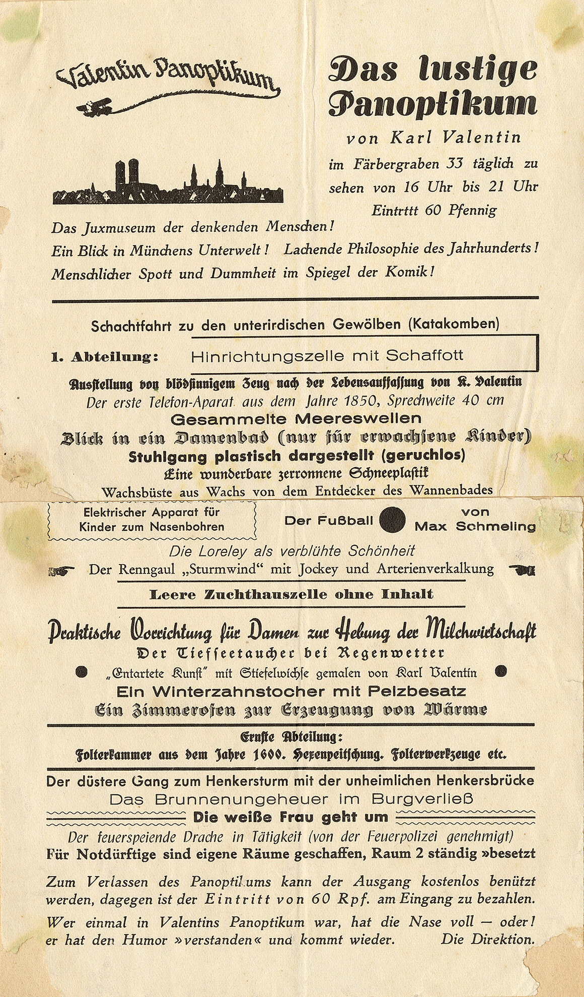 Karl Valentin, Karl Valentin, Karl Valentin, Werbeblatt für das Panoptikum im Färbergraben 33, Ritterspelunke, 1937