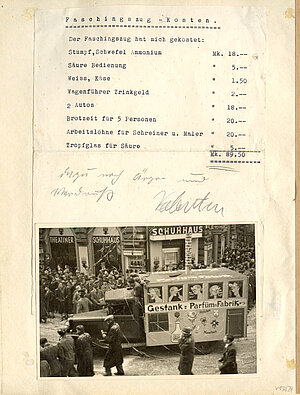 Karl Valentin, Ludwig Greiner, Album Greiner, Seite 24, Der Faschingswagen "Gestank-Parfüm-Fabrik" mit Kostenaufstellung, um 1950