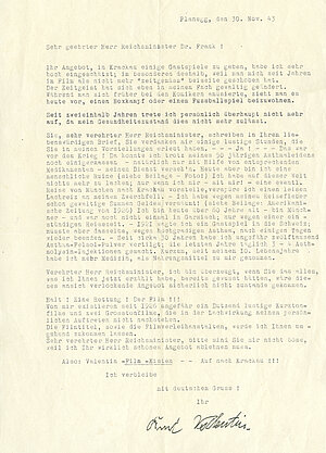 Karl Valentin, Karl Valentin, Brief an Dr. Hans Frank, Generalgouverneur des besetzten Polens, 1943