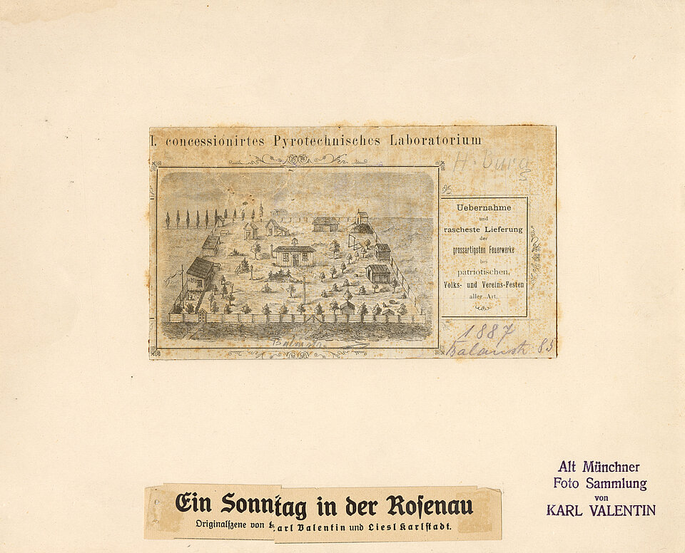 Karl Valentin, Ein Sonntag in der Rosenau, Zeichnung 1. concessionirtes Pyrotechnisches Laboratorium, Balanstraße 85, 1887
