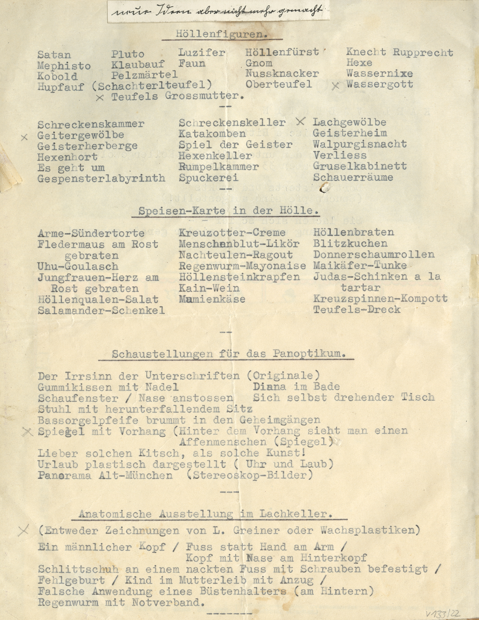 Karl Valentin, Album Greiner, Seite 22, Panoptikum, weitere Ideen, nicht gemacht, um 1950