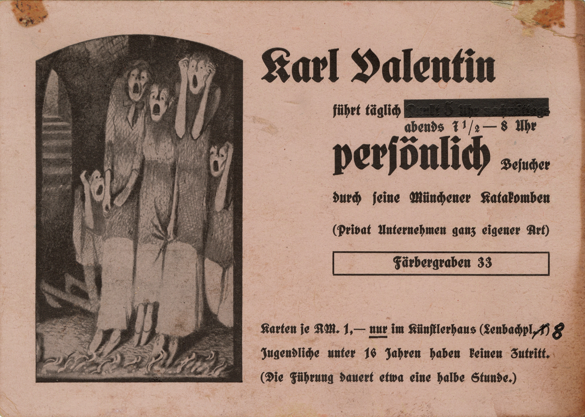 Karl Valentin, Karl Valentin, Werbekarte für das Panoptikum in der Ritterspelunke, Färbergraben 33, nach 1937