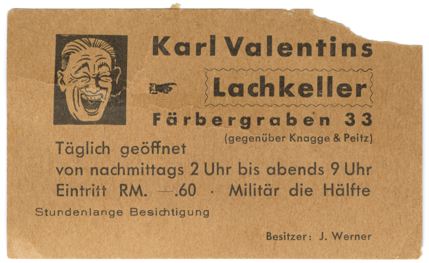 Karl Valentin, Eintrittskarte, Panoptikum Färbergraben 33